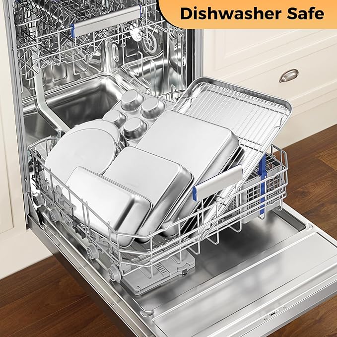 E-far Stainless Steel Baking Pan Set, 6-Piece Metal Bakeware Sets Include Cookie Sheet, Round Square Rectangle Cake Pans, Non-toxic & Dishwasher Safe