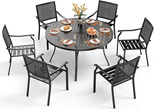 PHI VILLA 7 Pieces Outdoor Round Dining Set for 6, Large Wrought Iron Dining Table with Umbrella Hole & Stackable Metal Chairs, Dining Furniture Set for Patio, Deck, Yard, Porch