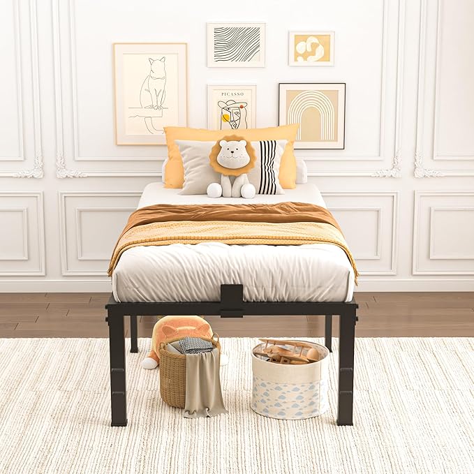 Twin Size Bed Frames 18 inch High 3500 lbs Heavy Duty Metal Platform, Mattress Foundation with Steel Slat Support/No Box Spring Needed/Noise Free/Non-Slip/Easy Assembly