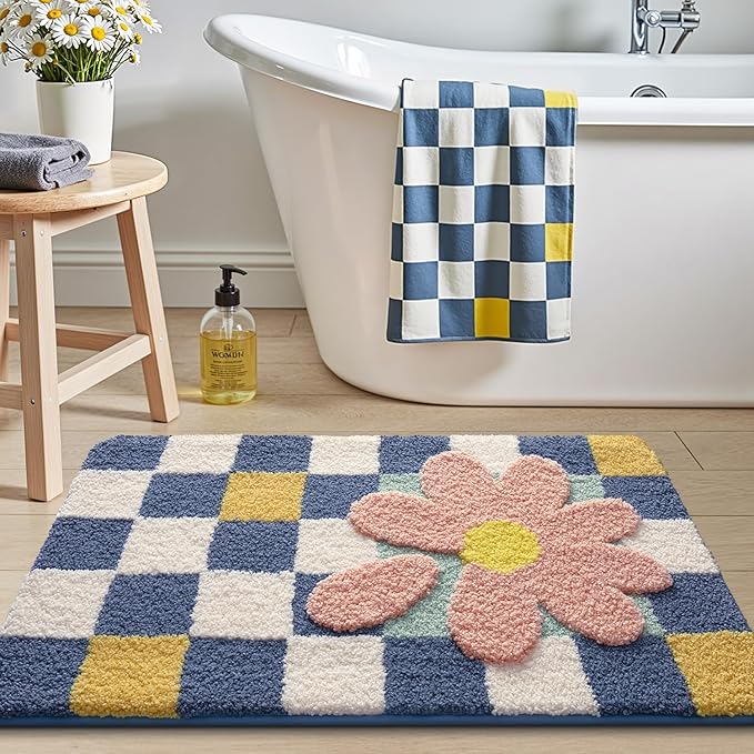 LUMI Bathroom Rug 20x32, Soft Absorbent Microfiber Bath Mats, Machine Washable Bath Rugs with Non-Slip Backing, Checkered Design Floor Mat for Bathroom, Shower and Bathtub Floor, Grid Flower