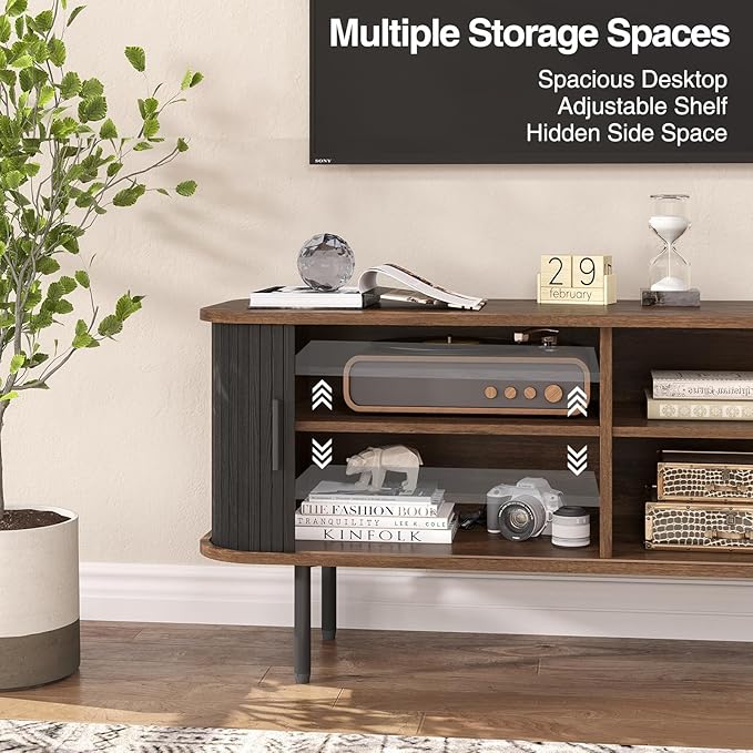 47" Modern Fluted TV Stand for TVs up to 60 Inch , Gaming Entertainment Center with Tambour Slatted Sliding Doors and Storage Cabinet, Media TV Consoles Table for Living Room, Office, Black