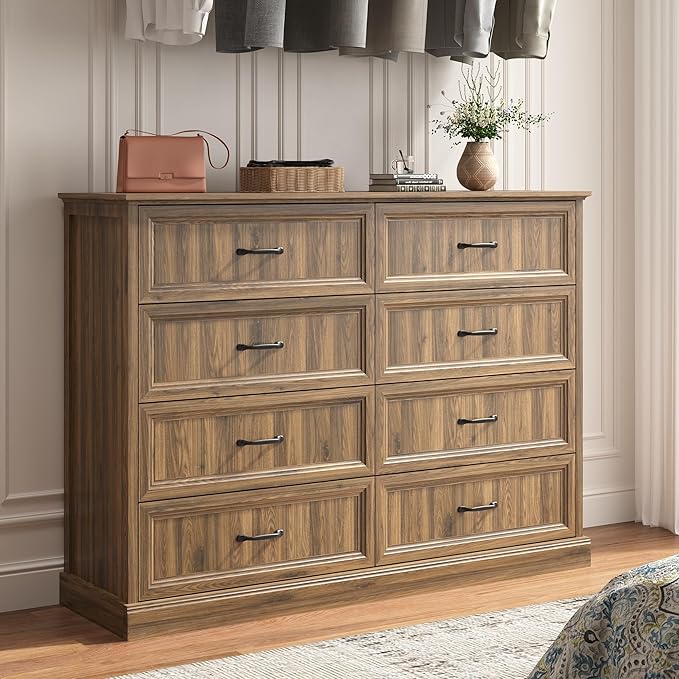 Farmhouse Dresser and Nightstand Sets 3 Piece, Nightstands Set of 2 & 8 Drawers Dresser for Bedroom, 55" Wide and 24" Inch Night Stand Set for Bedroom, Living Room, Hallway, Brown