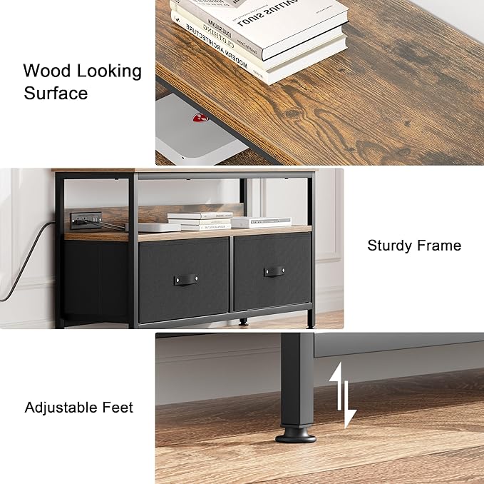 39" TV Stand for TVs up to 50", Media Console with Charging Station & LED Lights, 2 Drawer Storage Chest, Gaming Entertainment Center with Storage for Living Room, Brown, Medium