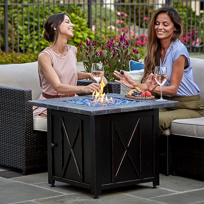 Endless Summer 30 Inch Square 30,000 BTU Liquid Propane Gas Outdoor Fire Pit Table w/Push Button Ignition, Blue Fire Glass, & Steel Fire Bowl, Bronze