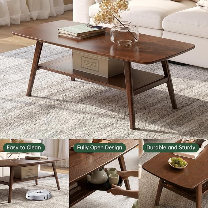 100% Solid Oak Wood Coffee Table for Living Room, 2-Tier Living Room Table with Storage Shelf, Mid Century Modern Coffee Tables (Walnut Colour, 39.37" W x22.05 D x 17.32" H)
