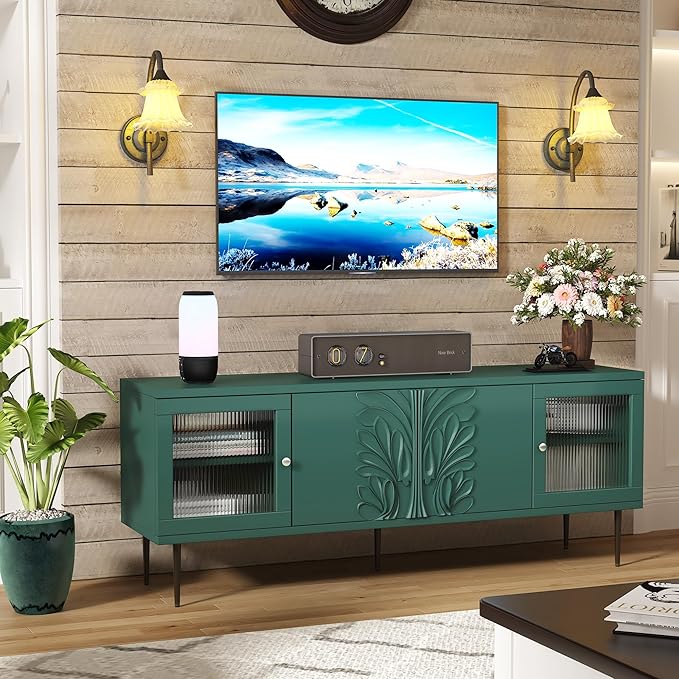TV Stand for TVs up to 75 Inches, Mid Century Modern Entertainment Center with 3D Flower Pattern, Wood Media Console with 2 Fluted Glass Doors, Storage Cabinet for Living Room, Green