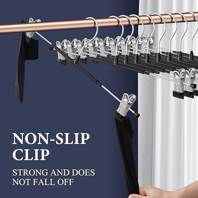 Pants Hangers with Clips 20 Pack 16Inch Adjustable Skirt Hanger for Women Non-Slip Trousers Hanger for Jeans Clothes Hangers for Pants Heavy Duty Space Saving Shorts Hangers,Black