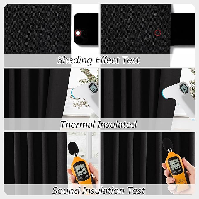 Guken Black Linen Blackout Curtains 63 Inch Length 2 Panels Set for Living Room Bedroom Back Tab Thermal Insulated 100% Black Out Linen Drapes Room Darkening Window Curtains 63 Inches Long
