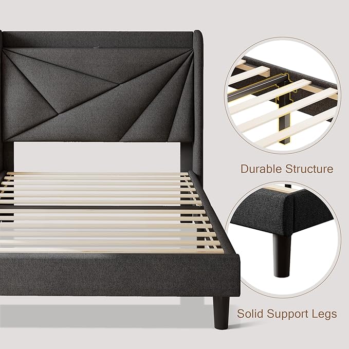 Twin Size Upholstered Bed Frame with Charging Station, Platform Bed Frame with Storage Headboard, Solid Wood Slats Support, No Box Spring Needed, Dark Gray