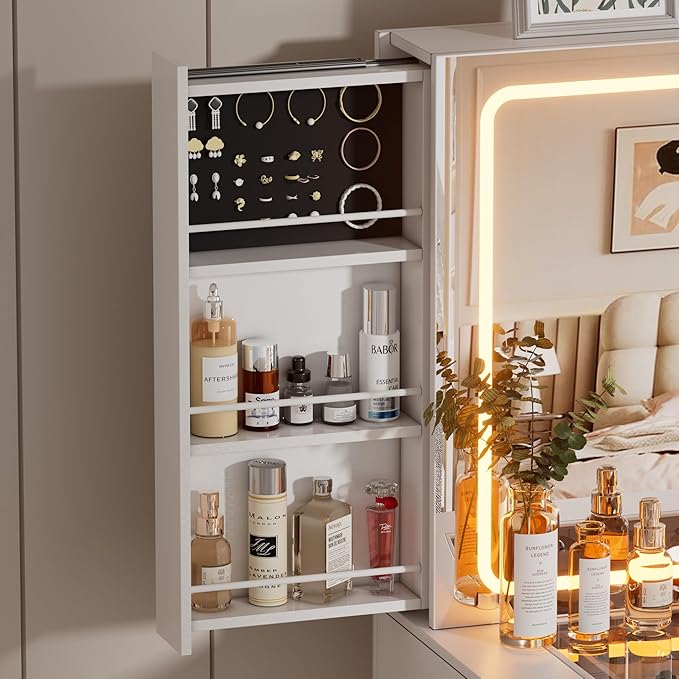 Makeup Vanity Desk with Mirror and Lights & Charging Station,Modern Glass Top Big Vanity Table with 5 Drawers,Sliding Storage Wall-Mounted Jewelry,3 Shelves for Bedroom,White