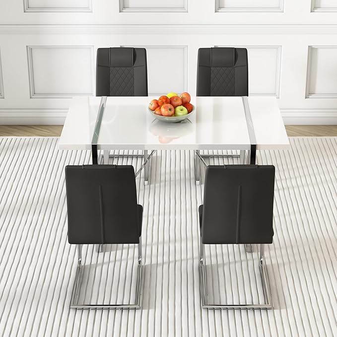Modern Rectangular Dining Table Set, 55" Dinner Table with 4 PU Leather Upholstered Chairs for Kitchen or Dining Room