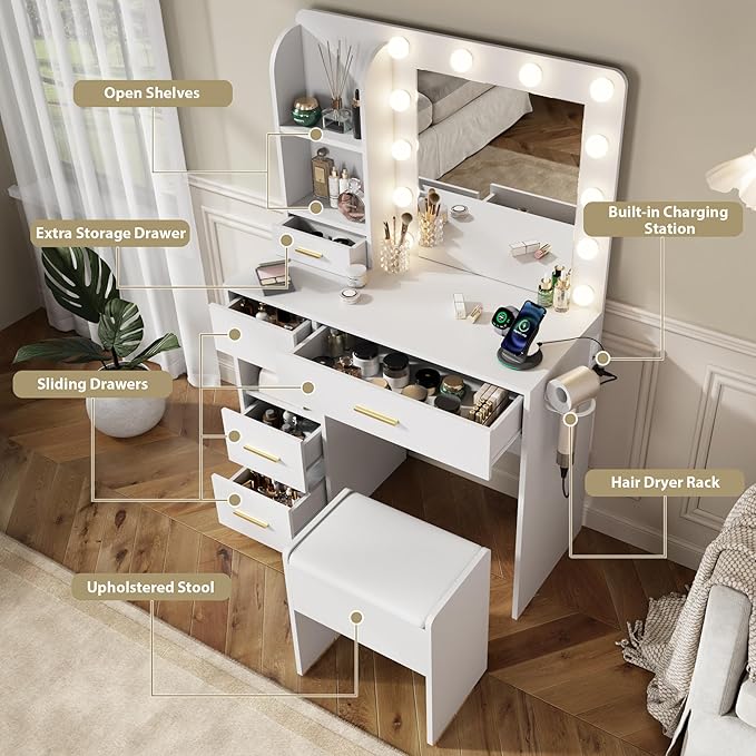 Vanity Desk with Mirror and Lights, 3 Adjustable Lighting Makeup Vanity Desk with 3 Storage Shelves, 5 Large Drawers and Power Outlet, Vanity with Chair for Bedroom, White