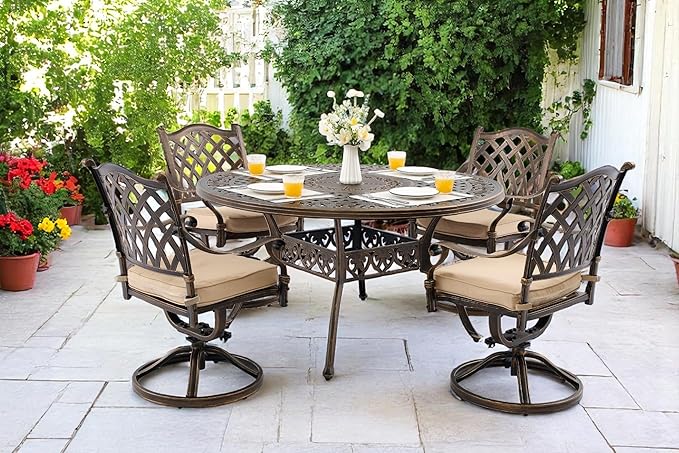 5 Piece Outdoor Dining Set Cast Aluminum, Retro Patio Dining Furniture Set for 4 Includes 54’’ Round Table 4 Chairs with Thicker Cushion and Umbrella Hole for Patio Deck Garden