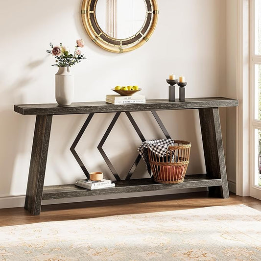 LITTLE TREE 70.9-Inch Console Table, Long Sofa Table Behind Couch, Farmhouse Console with Shelf for Entryway, Living Room, Hallway, Dark Grey