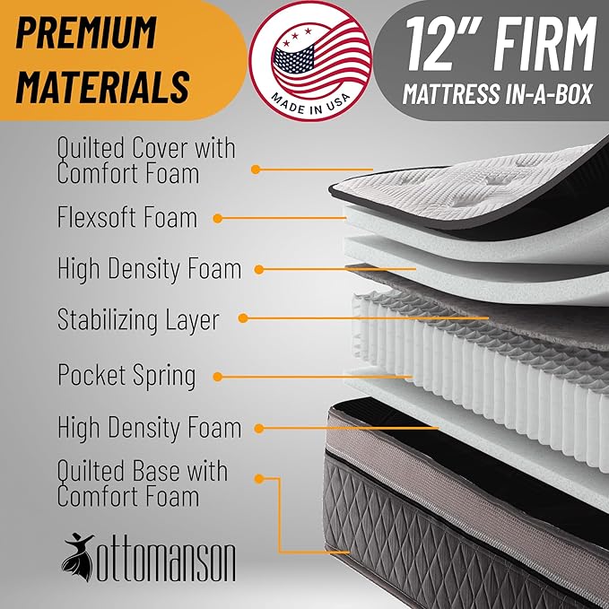 Ottomanson Full 12” Eurotop Hybrid Mattress - Premium Quilted Cover - Made in USA - Medium-Firm Support - Individually Pocketed Coils & CertiPUR-US Foam - Fiberglass-Free - Bed in a Box