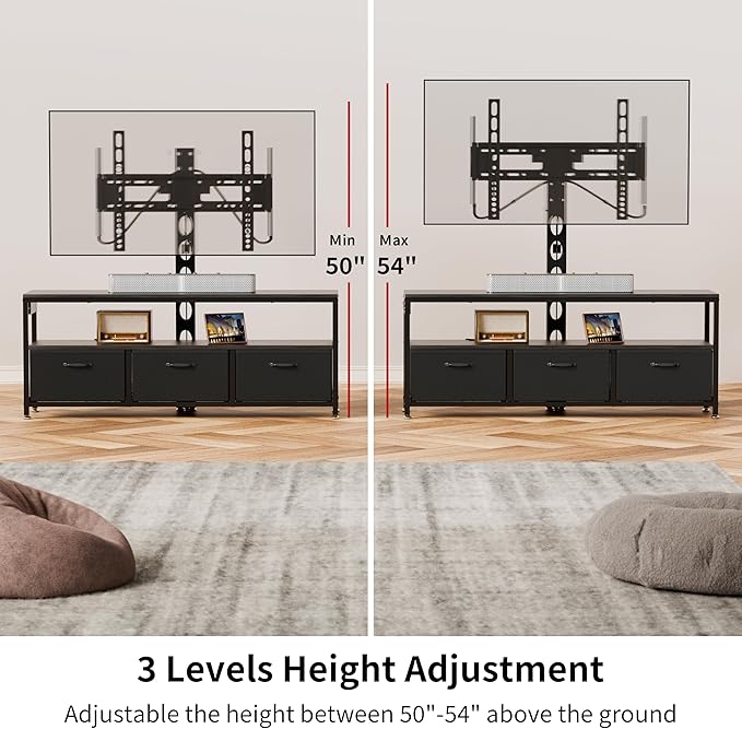 JUSTOGO TV Stand with Mount and Power Outlet, TV Stand Mount with Storage for Living Room, Entertainment Center with LED Lights for 45/55/60/65 inch, Height Adjustable Media Console, Black