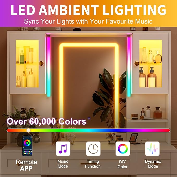 KAMABOKO Vanity Desk with Mirror & RGB Lights & Power Outlet, Large Makeup Vanity Table with 5 Drawers and 4 Storage Cabinets, Dressing Table for Bedroom Dressing Room (White)