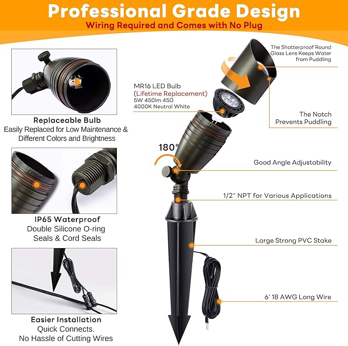 Die-Cast Brass Spot Light Outdoor - 12V LED Uplighting Waterproof, Low Voltage Landscape Lights Direct Wire, Bronze for Fence Fountain with Bright White MR16 Replaceable Bulbs (12 Pack)