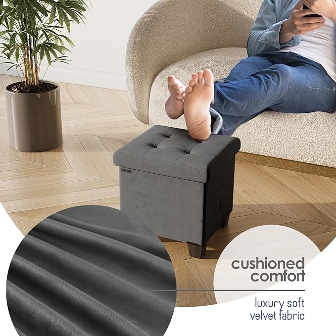 STORAGEBUD Storage Ottoman Cube with Small Bin, 15-in Square Ottoman with Storage for Living Room and Bedroom, Small Ottomans Foot Rest, Velvet Foot Stools Ottomans Max 330lbs, Grey