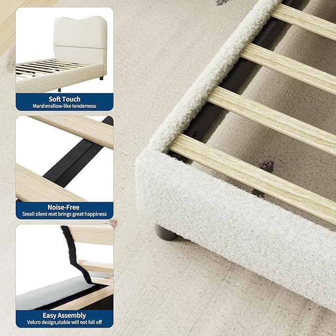 GarveeHome Queen Bed Frame for Kids with Velvet Upholstered Headboard, Cute Low Profile Platform Bed for Girls and Boys, No Box Spring Needed, Strong Wooden Slats, Noise Free, Easy Assembly, Beige