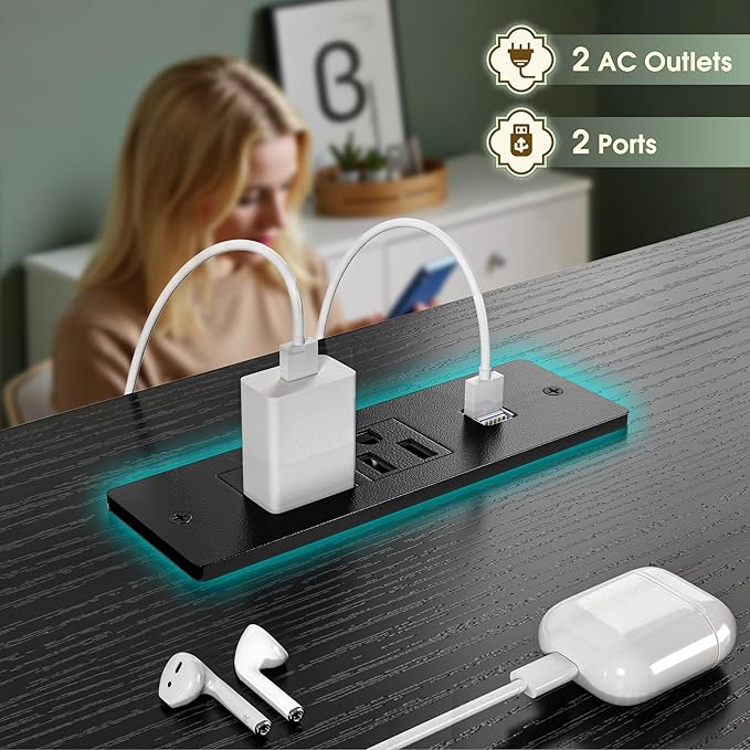 Black TV Stand with 12 Fabric Drawers for 55 inch TV, Entertainment Center with Charging Station & LED Lights, TV Media Console Table with 2 Open Storage Shelves for Living Room, Dorms, Wood Top