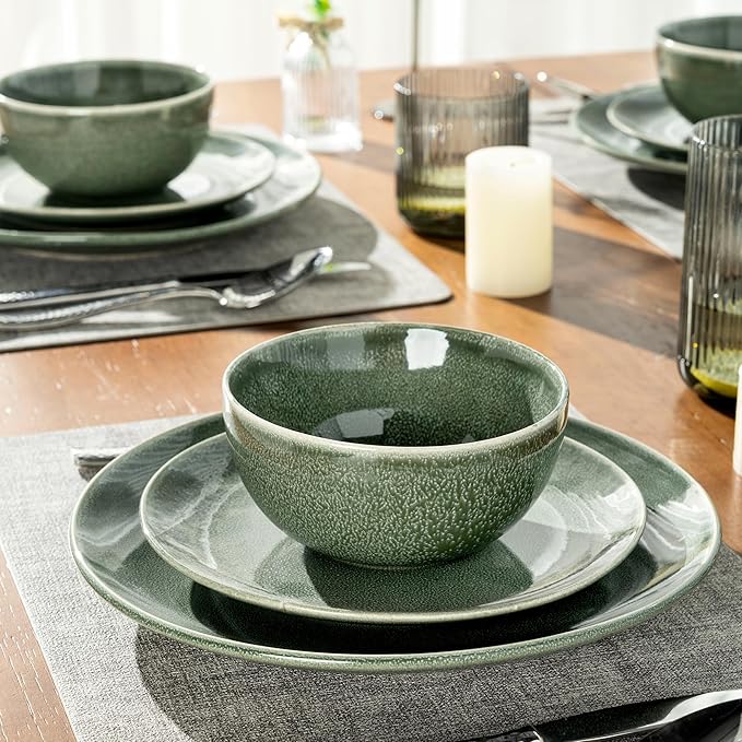 AmorArc Ceramic Dinnerware Sets for 4, 12 Pieces Handpainted Plates and Bowls Set, Scratch Resistant Stoneware Dishes Set, Dishwasher & Microwave Safe, Jade Green