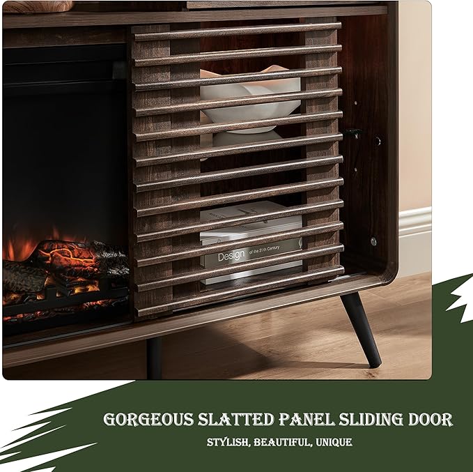 RedLemon Fireplace TV Stand for 80 Inch TV, Mid Century Modern Entertainment Center with 36" Electric Fireplace & Led Lights, Wood Media Console w/Slatted Sliding Doors for Living Room, Dark Walnut