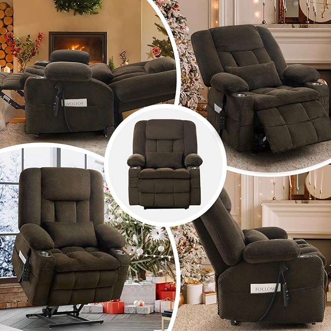 Large Dual Motor Lay Flat Power Lift Massage Recliner Chair Set of 2, Lift Chairs Recliner with Lumbar Pillow, Cup Holder for Elderly with Heat for Living Room - Brown