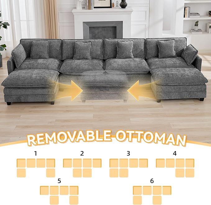 147'' Sectional Cloud Deep Seat Couch, Oversized Chenille U Shaped Sectional Sofa for Living Room Set, Comfy Upholstered Modular Sectional Sofa Couch with Movable Ottoman, Grey