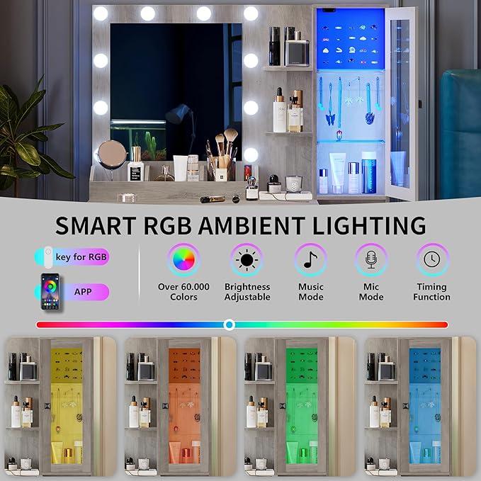 Vanity Desk with Mirror and Lights, Makeup Vanity Table Set with 5 Storage Drawers, Power Outlet & Chair, Small Dressing Table with RGB Ambient Light, Adjustable Brightness for Girls Bedroom, Grey