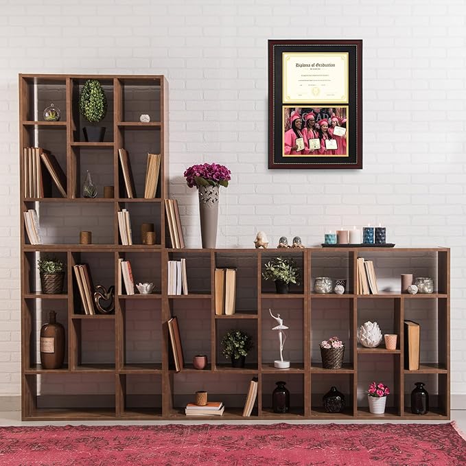 GraduatePro Dual Diploma Frame 14"x20" for Two 8.5"x11" Certificates/Pictures with Double Mat Black Over Gold, UV Protection Acrylic, Professional Mahogany Wooden Finish Gold Beads