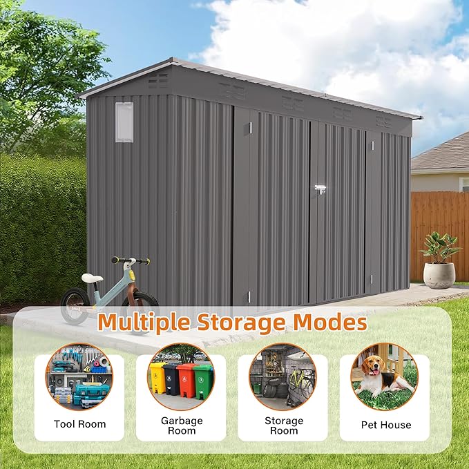 4x9 ft Lean to Shed, Outdoor Storage Shed with Lockable Double Door and Window, Metal Storage Sheds with Sloping Roof and 6 Vents, Outside Garden Tool Sheds for Backyard, Patio (Grey)