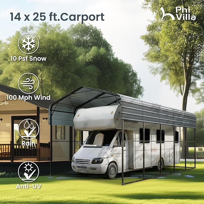 PHI VILLA 25 x 14 ft Heavy Duty Metal Carport with Galvanized Steel Roof for RVs, Cars, Boats, and Tractors
