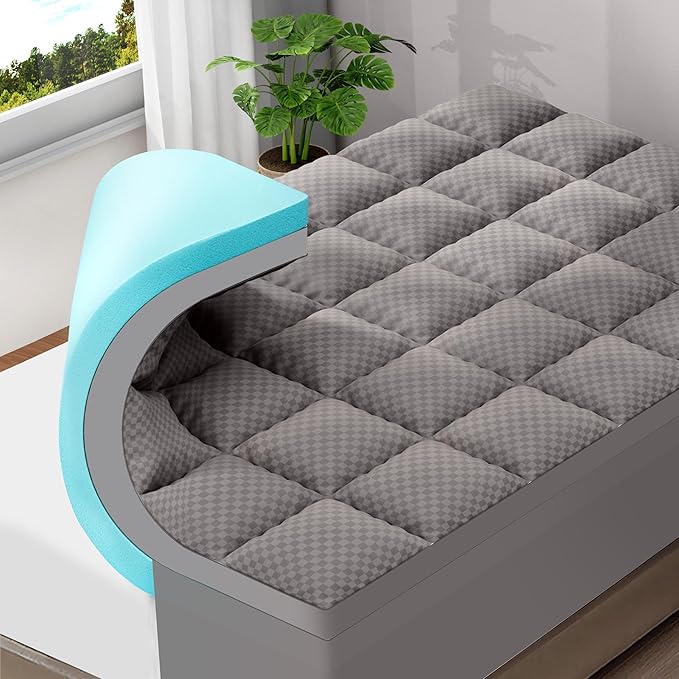 OLANLY Dual-Layer 4 Inch Queen Size Memory Foam Mattress Topper for Back Pain, 2 Inch Cooling Pillow Top Mattress Pad Cover and 2 Inch Gel Memory Foam Topper, Deep Elastic Pocket, Light Grey