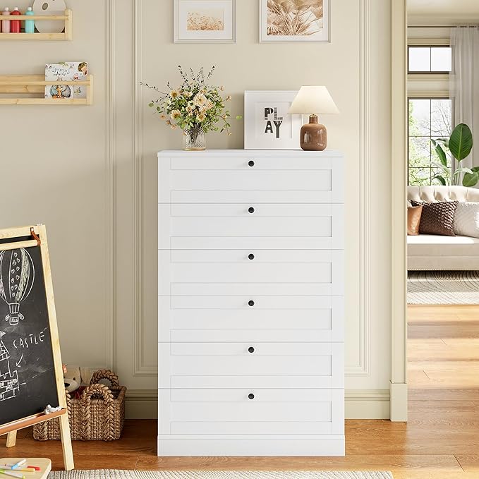 HOSTACK White 6 Drawer Dresser for Bedroom, 52" Tall Dresser & Chest of Drawers, 29" W Wood Drawer Chest, Modern Vertical Storage Cabinet for Living Room, Entryway, Hallway
