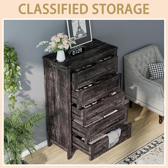 Farmhouse 5 Drawers Dresser, Wood Rustic Chest of Drawers for Bedroom, Tall Dressers Organizer with Metal Handles, 5 Drawers Chest for Living Room, Hallway, Entryway, Dark Rustic Oak