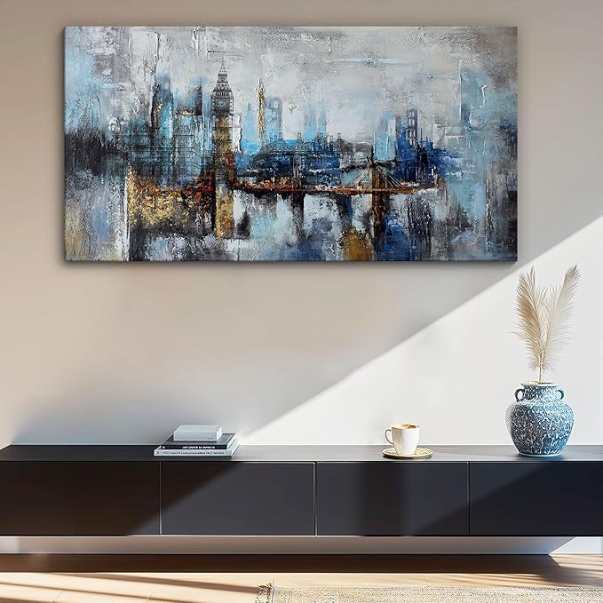 Pogusmavi Large Wall Art for Bedroom Abstract City View Canvas Art Modern Home Decor Gray Blue Buildings Prints for Bedroom Wall Art Office Artwork Wall Decor for Living Room Decor 24x48 inches