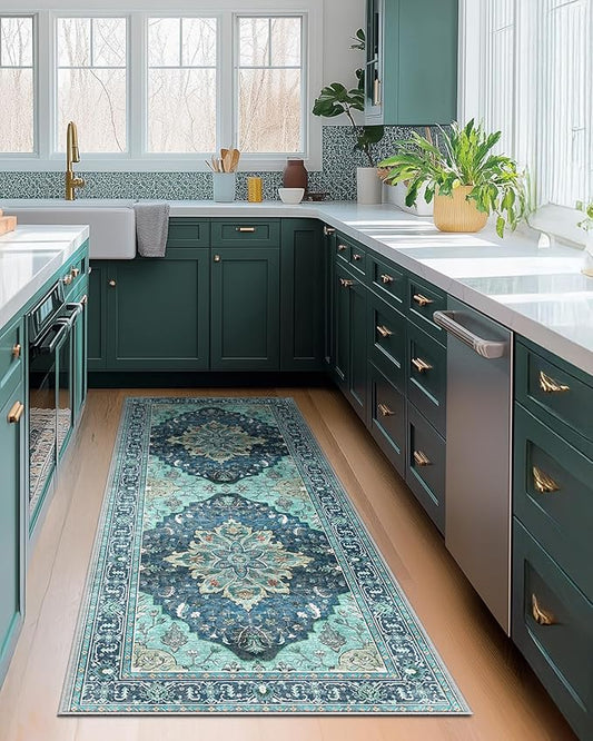 Area Rugs 2'x5' Washable Non-Slip, Floral Vintage Distress Print Pattern Medallion Carpet for Living Room Bedroom Dining Room, Teal Green Lake Blue Turquoise