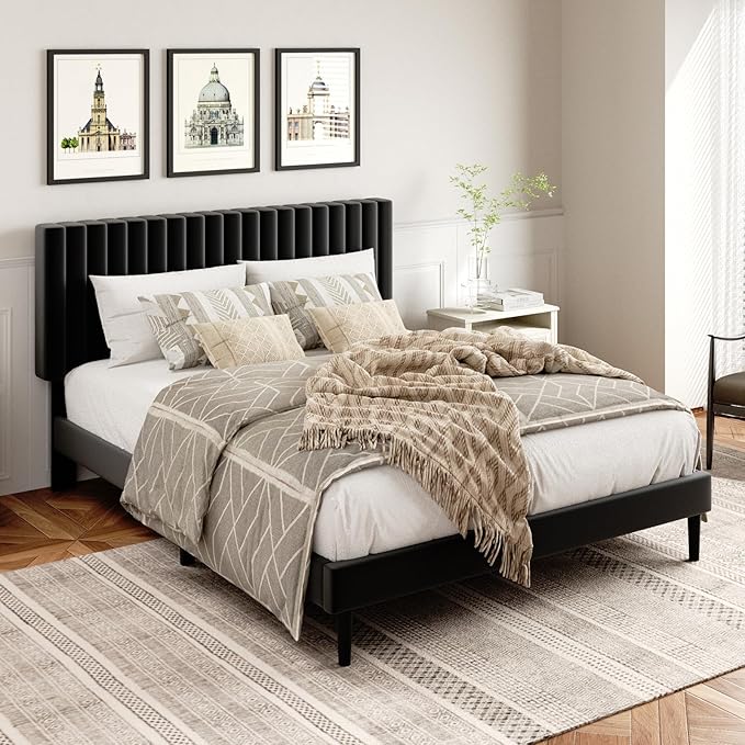 Queen Size Platform Bed Frame with Velvet Upholstered Headboard, Queen Bed Frame with Strong Wood Slats, Box Spring Optional, Mattress Foundation, Easy Assembly Black
