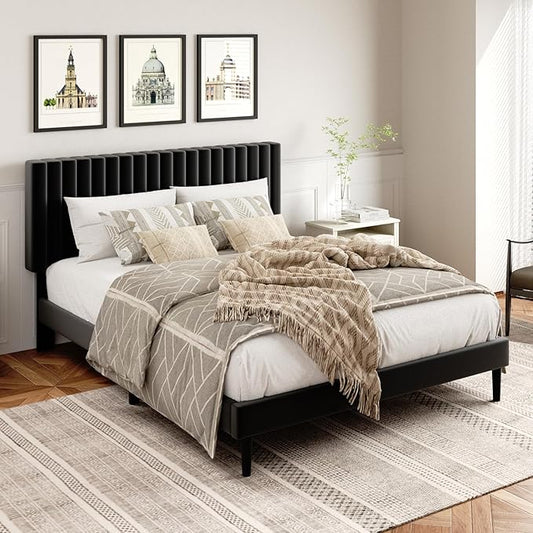 Queen Size Platform Bed Frame with Velvet Upholstered Headboard, Queen Bed Frame with Strong Wood Slats, Box Spring Optional, Mattress Foundation, Easy Assembly Black