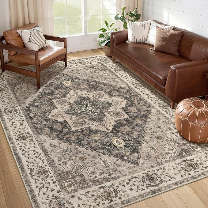 Tangsoo Washable Rug 4x6 Area Rug, Vintage Rug Indoor for Living Room, Non Slip Machine Washable Large Rugs, Soft Print Distressed Brown/Grey Farmhouse Carpet for Bedroom Dining Room Dorm Office