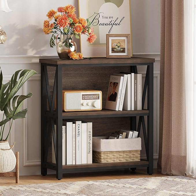FATORRI Small Bookshelf, Rustic Book Shelf for Small Space, Low Short Bookcase, Industrial Wood and Metal Bookshelf and Bookcase for Living Room (Rustic Brown)