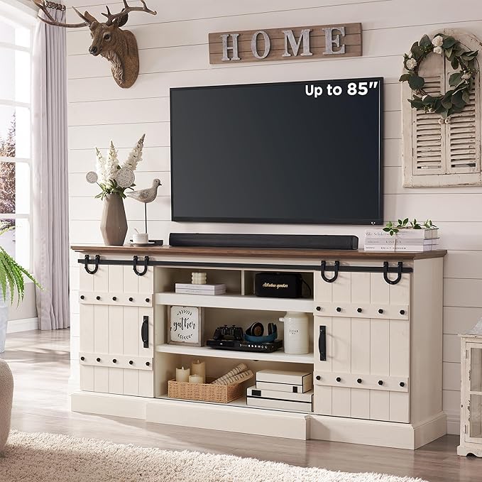 OKD 75" Farmhouse TV Stand for TVs Up to 85 Inches, Large Rustic Entertainment Center with Sliding Barn Door, Tall Highboy Media Console Table with Storage Cabinet for Living Room, Antique White
