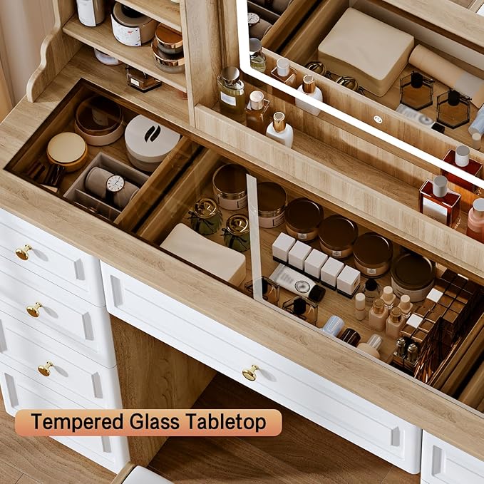 43" Makeup Vanity Desk with Mirror and Lights, & Power Outl, Glass Top Big Vanity Table with 9 Drawers& 8 Storage Shelves, Dressing Table Set with Chair for Bedroom, White+Oak