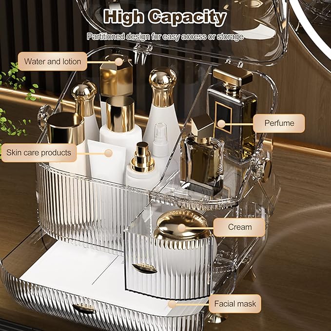 Ergocar Galatée Portable Retro Series Multi-Function Make Up Case Dustproof Cosmetic Storage Box,Cosmetics Skin Care Products Jewelry Organizer Finishing Box - High Transparency + Lipstick