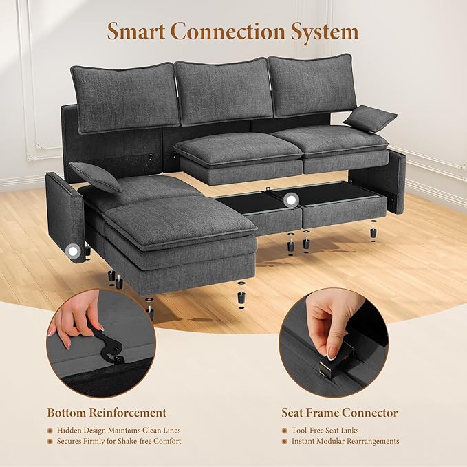 Vesgantti 108" Modular Sectional Sofa, Comfy Cloud Couch with Movable Ottoman Deep Seat Chenille L Shaped Modular Sofa, Sectional Couches for Living Room, Bedroom and Apartment, Gray