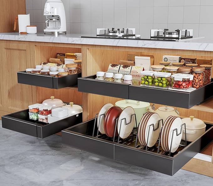 4Pack Expandable Pull Out Cabinet Organizer 21"Deep With Raising Pad for Framed Cabinets,Slide Out Drawers with 4pcs Divider Racks,Roll Out Shelves Adhesive,Adjustable Width 12.05"-20.4"Black