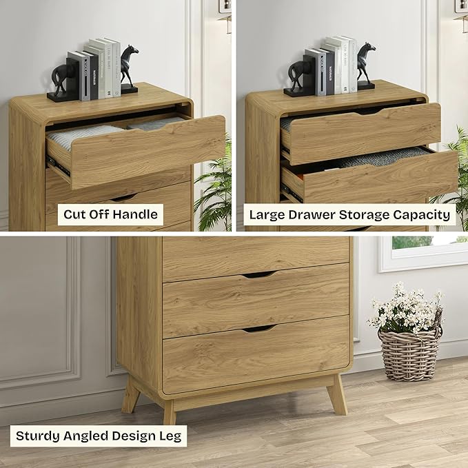 Meadow 5 Drawer Dresser for Bedroom, 47.2″ H Modern Wide Chest of Drawers, Wood Storage Organizer for Clothes, Entryway, Hallway, Nursery or Living Room, Oak