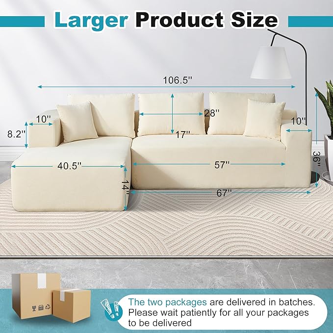 Sectional Couches for Living Room 106" L Shaped Cloud Couch Modern Modular Sectional Sofa Bad, Boneless Couch with Deep Seat, No Assembly Required (Chenille, Grey)