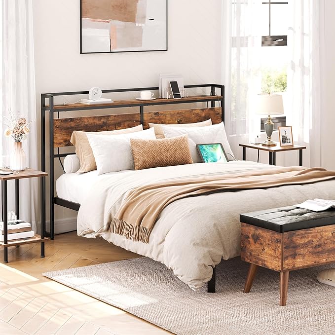 HOOBRO Headboard Queen Size, Headboard with 2 Outlets and 4 USB Ports, Adjustable Height, Storage Rack, Sturdy and Stable, Easy Assembly, Rustic Brown and Black